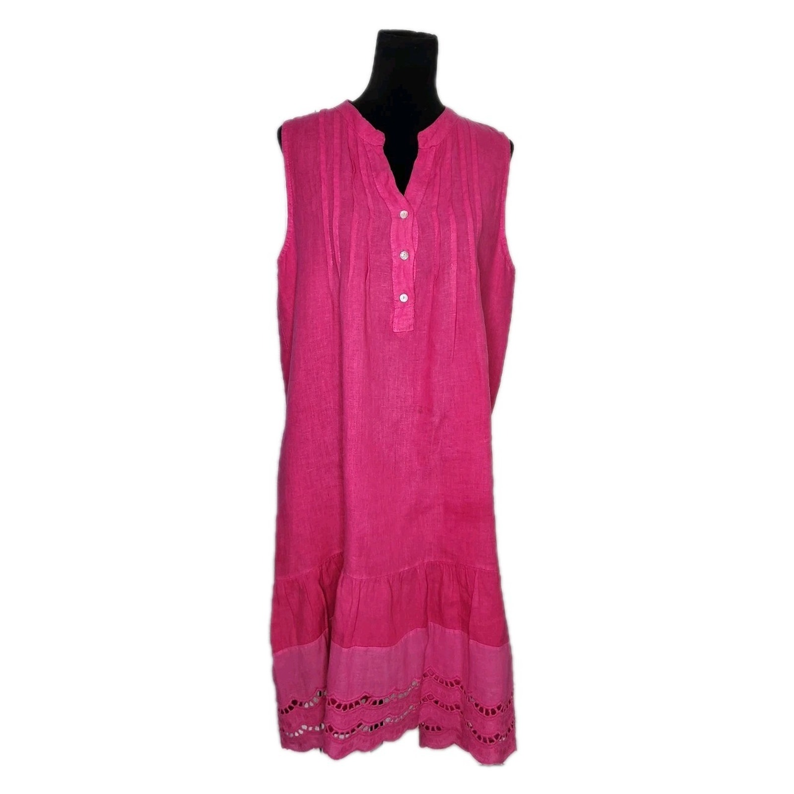 Rosemarine Pink Linen Sleeveless Midi Dress Italy Pintuck Lace Bottom Size L